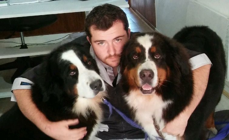 Vincent, toiletteur, avec deux bouviers bernois